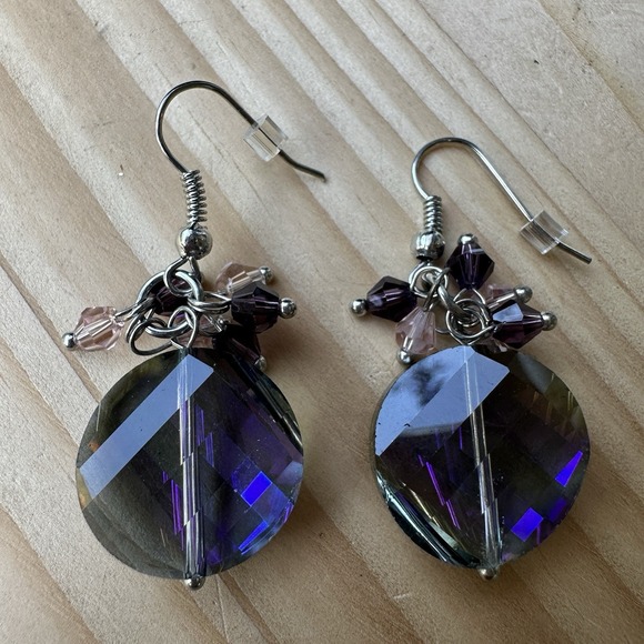 Artisan Crafted Jewelry - Hook Earrings 1.75 Inch Purple Blue Iridescent Faceted Beads Glass Silver Tone